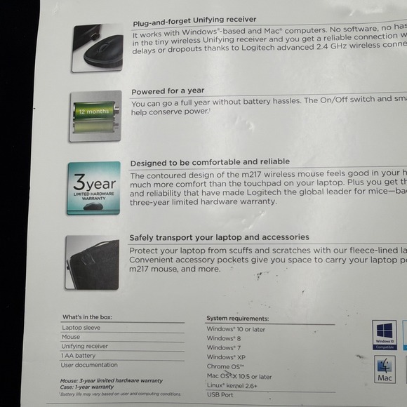 Logitech Wireless Mouse M217 Black 16" Laptop Sleeve Bundle 910-002138 - Picture 12 of 16